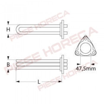 Rezistenta boiler masina de spalat vase, putere 9000W, alimentare 230, 3circuite, lungime 395mm, montare pe Ø47,5mm, dimensiuni teaca termostat 7x210mm